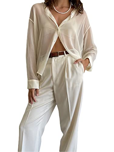 Achlibe Damen-Bluse mit Reverskragen, langärmelig, Button-Down, durchsichtig, locker, durchsichtiges Shirt, weiß, X-Large von Achlibe