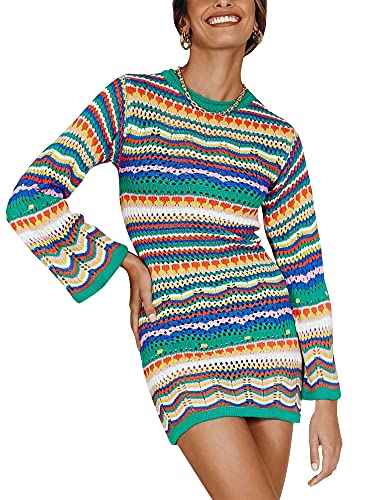 Achlibe Damen Bodycon Blockstreifen Strick Häkelpullover Kleid Bohemian Langarm Rundhals Ausschnitt Hollow Out Kleid, grün, Medium von Achlibe