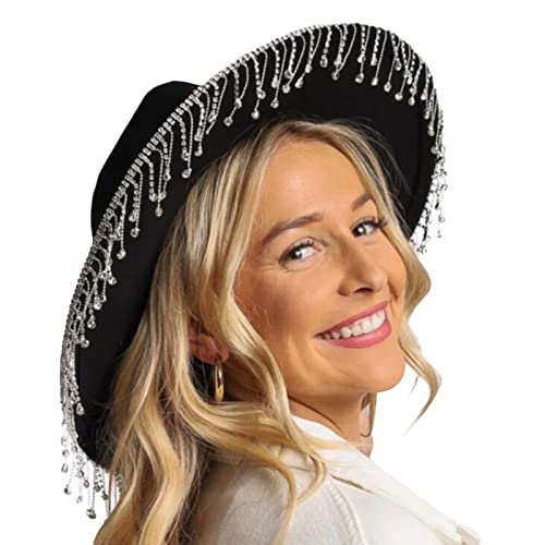 Achlibe Damen Cowboy Glitzer Hut breite Krempe Strass Quaste Western Große Cowgirl Cap Hut für Club Party, Schwarze flache Krempe, Einheitsgröße von Achlibe