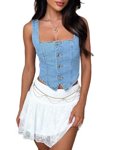 Achlibe Damen Denim Tank Tops Slim Fit Square Neck Rückenfrei Ärmellos Button Down Crop Tops Jeans Weste Korsett Top, A-Blau, 38 von Achlibe