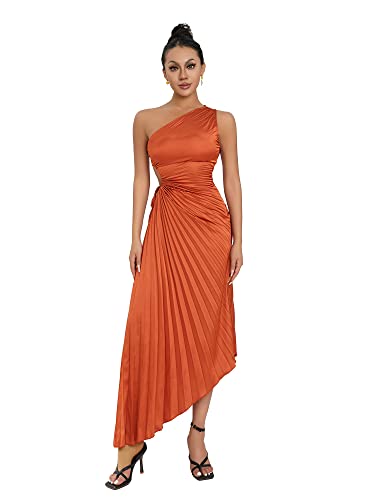 Achlibe Damen EIN-Schulter-Kleid mit ausgeschnittenem Taillenbereich und plissiertem Saum, asymmetrisches formales Kleid für Hochzeitsgäste (A-Caramel, XL) von Achlibe