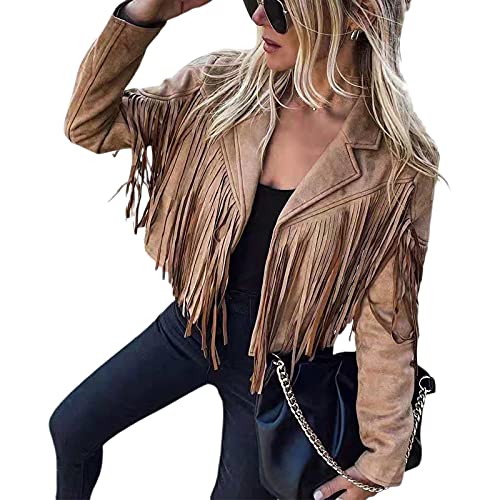 Achlibe Damen Faux Wildleder Fransen Jacke Western Retro Cowgirl Leicht Cropped Moto Leder Mäntel Country Concert Outfit, A-D-Kaffee, 46 von Achlibe