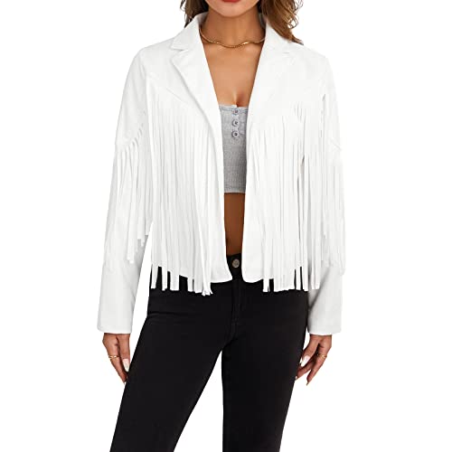 Achlibe Damen Faux Wildleder Fransen Jacke Western Retro Cowgirl Leicht Cropped Moto Leder Mäntel Country Concert Outfit, A-weiß, 36 von Achlibe