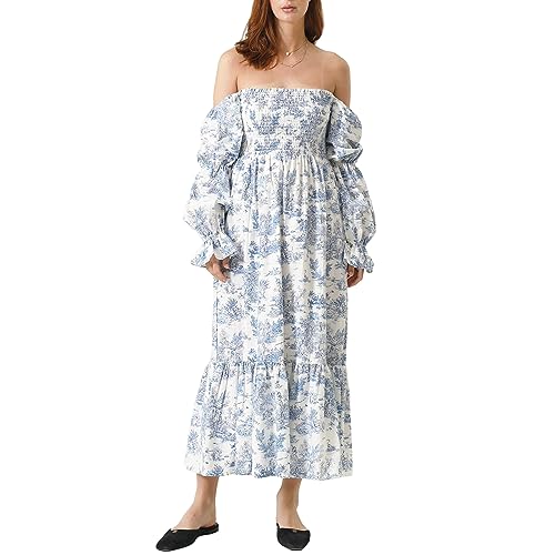Achlibe Damen Herbst Langes Strandkleid Langarm Schulterfrei Volltonfarbe/Blumenkleid, blaue blume, Medium von Achlibe
