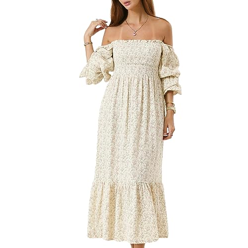 Achlibe Damen Herbst Langes Strandkleid Langarm Schulterfrei Volltonfarbe/Blumenkleid, blumenmuster, L von Achlibe