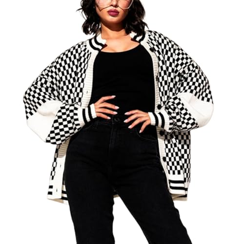Achlibe Damen Herbst Pullover Cardigan Langarm O-Ausschnitt Knopfleiste Schachbrettdruck Strickwaren Shrugs, Schwarz , L von Achlibe