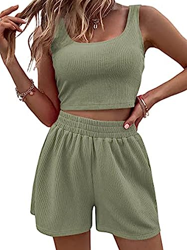 Achlibe Damen High-Waisted Radlerhosen und Crop Tank Top Set Y2k Sommer 2-teiliges Loungewear Gym Yoga Outfit (A-a-Green, M) von Achlibe