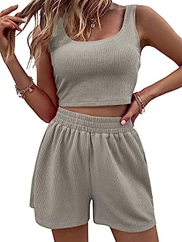 Achlibe Damen High-Waisted Radlerhosen und Crop Tank Top Set Y2k Sommer 2-teiliges Loungewear Gym Yoga Outfit (A-d-Grey, S) von Achlibe