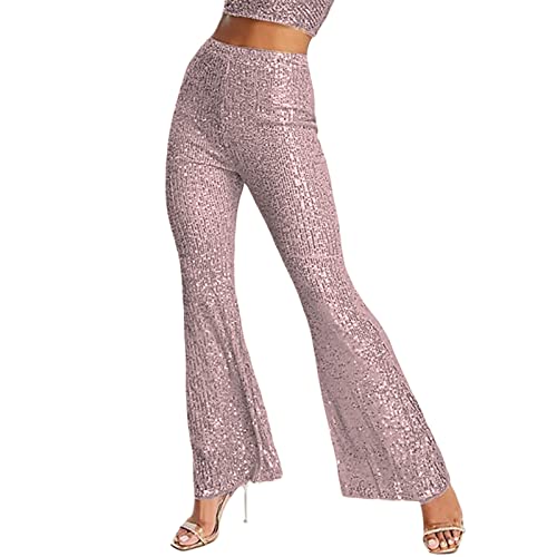 Achlibe Damen-Hose mit Pailletten-Glitzer, glitzernd, Retro-Hose, 70er-Jahre-Magic-Disco, elastisch, hohe Taille, Glockenhose, Hotpants, A-Pink, XXL von Achlibe