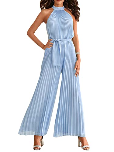 Achlibe Damen Jumpsuit mit weitem Bein, ärmellos, plissiert, Schnürung, einfarbig, Rückenausschnitt, Taillenbandage, lange Hose, hellblau, Small von Achlibe