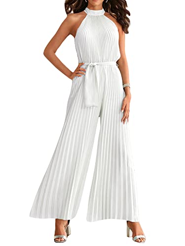 Achlibe Damen Jumpsuit mit weitem Bein, ärmellos, plissiert, Schnürung, einfarbig, Rückenausschnitt, Taillenbandage, lange Hose, weiß, Medium von Achlibe