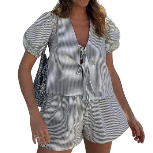 Achlibe Damen Kariertes Outfit Y2k lockerer V-Ausschnitt Puffärmel vorne zum Schnüren Tops Schößchen Shirt elastische Taille Shorts 2-teiliges Set, A-schwarz, 42 von Achlibe