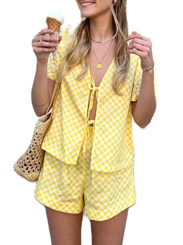 Achlibe Damen Kariertes Outfit Y2k lockerer V-Ausschnitt Puffärmel vorne zum Schnüren Tops Schößchen Shirt elastische Taille Shorts 2-teiliges Set, B-Hellgelb, 36 von Achlibe
