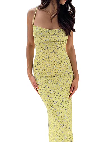 Achlibe Damen Kleid Spaghettiträger Ärmellos Rückenfrei Slim Fit Floral Gedruckt Lange Slim Fit Kleider, gelb, Small von Achlibe