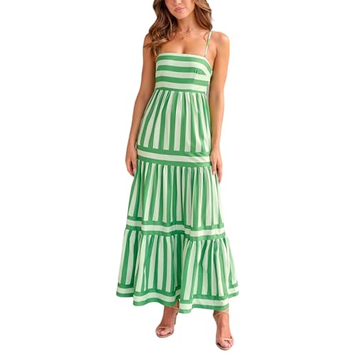 Achlibe Damen Langes Stufenkleid Casual Ärmellos Quadratischer Ausschnitt Gestreiftes Print Kleid Midi Slip Kleid Flowy Boho Kleid, A-grün, M von Achlibe