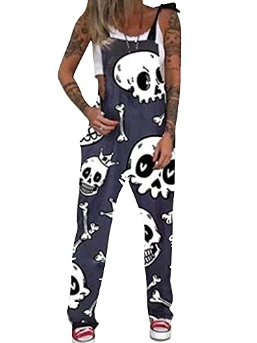 Achlibe Damen Latzhose Halloween Totenkopf Print Jumpsuit Baggy Overalls Strampler Gerade Hose Gothic Hose, A-Crown Totenkopf, 46 von Achlibe