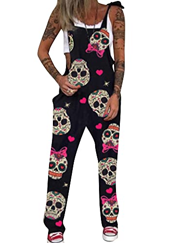 Achlibe Damen Latzhose Halloween Totenkopf Print Jumpsuit Baggy Overalls Strampler Gerade Hose Gothic Hose, A-Fliege Totenkopf, 46 von Achlibe