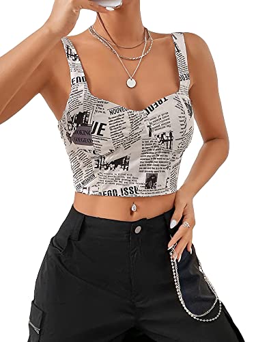 Achlibe Damen Low Cut Zeitungsdruck Crop Tops Sommer Mini Sling Weste Ärmellos Rückenfrei Tank Tops, schwarz / weiß, 36 von Achlibe