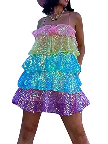 Achlibe Damen-Minikleid mit Pailletten, ärmellos, Glitzer, glitzernd, geschichtet, Regenbogen, Rüschen, gestuftes Tanz-Party-Nachtkleid, A-a-color, Small von Achlibe