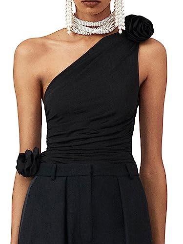 Achlibe Damen One Shoulder Tops Sommer Ärmellos Rückenfrei 3D Rosette Rüschen Strand Urlaub Rave Cami Tank Crop Top, A-schwarz, 42 von Achlibe