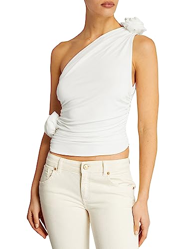 Achlibe Damen-Tanktop mit einer Schulter, ärmellos, rückenfrei, Blumenrosette, gerüscht, Strand, Urlaub, Cami, bauchfreies Top, A-a-a-white, M von Achlibe