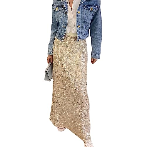 Achlibe Damen Pailletten Lange Röcke Niedrige Taille Party Röcke Frühling Sommer Casual Röcke Y2K Streetwear Sparkly Rock, aprikose, 44 von Achlibe