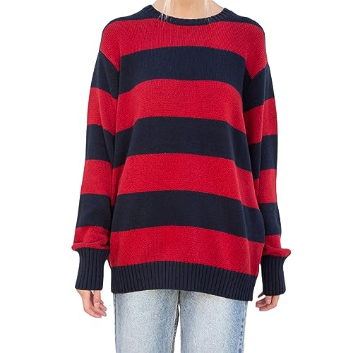 Achlibe Damen Pullover Y2k Langarm Rundhals Pullover Gestreifte Farbblock Strickpullover Lose Herbst Tops Strickwaren, A-rot blau gestreift, L Achlibe Damen Pullover Y2k Langarm Rundhals Pullover Gestreifte Farbblock Strickpullover Lose Herbst Tops Strickwaren, A-rot blau gestreift, L von Achlibe