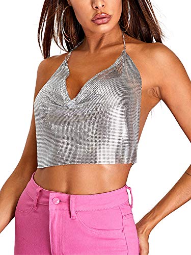 Achlibe Damen Sommer Kurzes Top Shirt, Pailletten Sling Solid Color Back Chain Closure Camisole Top, Crop Loose Wild Tank Top, silber, Einheitsgröße von Achlibe