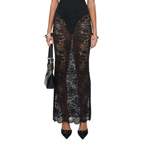 Achlibe Damen Sommer Skinny Rock Sheer Lace Floral Long Skirt See-Through Beach L Maxi Röcke, Schwarz , L von Achlibe