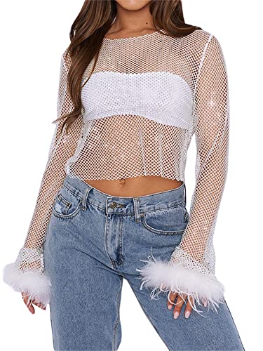 Achlibe Damen Sommer durchscheinendes Netz-Oberteil Langarm Federn Patchwork Clubwear Transparent T-Shirt Tops, weiß, Small von Achlibe