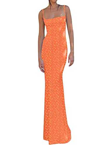 Achlibe Damen Spaghettiträger Ärmelloses rückenfreies Kleid Slim Fit Blumendruck Lange Slim Fit Kleider Slip Sommerkleider, Orange, L von Achlibe