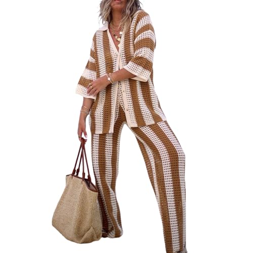 Achlibe Damen-Strick-Häkel-Loungewear-Set, gestreift, halbe Ärmel, V-Ausschnitt, T-Shirt + Hose mit weitem Bein, khaki, 38 von Achlibe