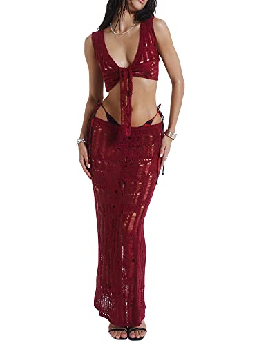 Achlibe Damen Strick-Sarongs Cover-Ups Einfarbig Aushöhlen Durchsichtige Quaste Mini Strandröcke Sommer Rock Set, rot, 36 von Achlibe