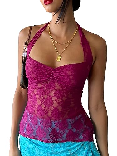 Achlibe Damen-Tanktop mit floralem Spitzenbesatz, bauchfreies Top, Sommer, Spaghettiträger, ärmellos, Camisoles, Party, Clubwear, F-Lila, Rot, 36 von Achlibe