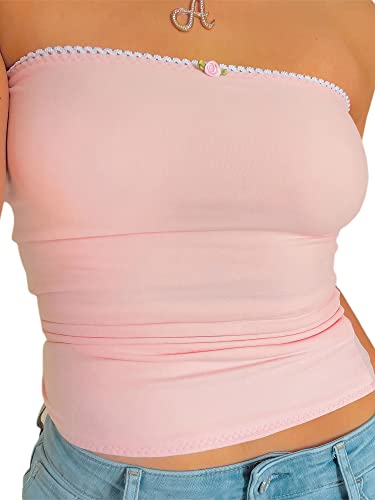 Achlibe Damen Tube Top trägerlos rückenfrei Blumen Patchwork Sommer Club Party Weste, rosa / weiß, Small von Achlibe