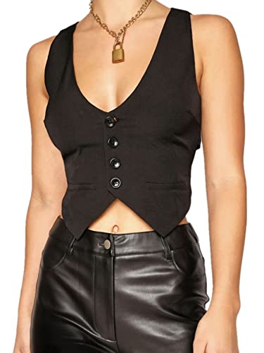 Achlibe Damen Westen Jacke Slim V Ausschnitt Retro Büro Revers Blazer Weste Renaissance Steampunk Mantel Cardigan, B-a-Black, 48 von Achlibe