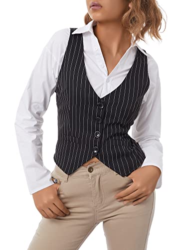 Achlibe Damen Westen Jacke Slim V Ausschnitt Retro Büro Revers Blazer Weste Renaissance Steampunk Mantel Cardigan, B-schwarze Streifen, S von Achlibe