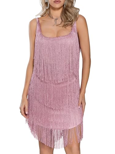Achlibe Damen gestuftes Fransenkleid ärmellos Pailletten Allover Quaste 1920er Flpper Kleid Gatsby Kleid Partykleid, A-Pink, L von Achlibe