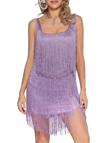 Achlibe Damen gestuftes Fransenkleid ärmellos Pailletten Allover Quaste 1920er Flpper Kleid Gatsby Kleid Partykleid, A-purple, S von Achlibe