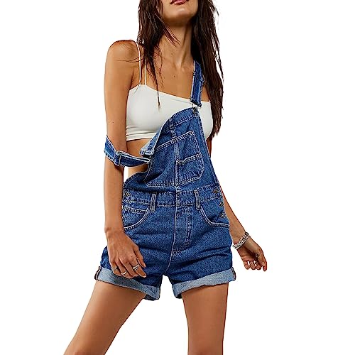 Achlibe Frauen Denim Bib Overalls Verstellbare Träger Tasche Strampler Shorts Lässig Rollbündchen Shortalls, blau, 38 von Achlibe