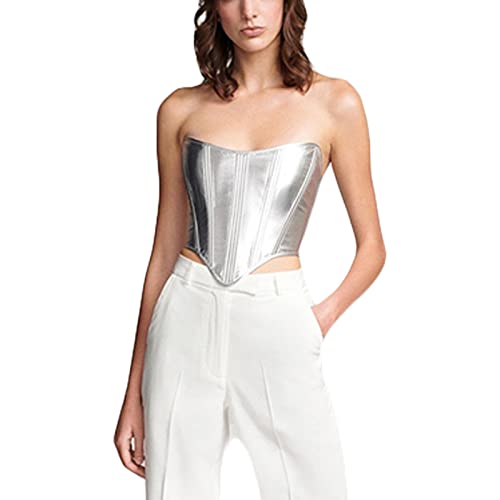 Achlibe Frauen Funkelnde Pailletten Korsett Tube Tops Glänzend Metallic Trägerlos Kreuz Tie-up Rücken Unregelmäßiger Saum Bustier, silber, 36 von Achlibe