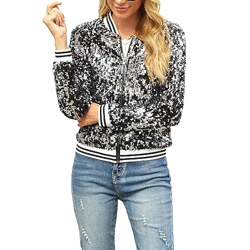 Achlibe Frauen Glitzer Cardigan Blazer Pailletten Bomberjacke Leichte Langarm Zip up Sparkly Baseball Jacke Outwear, A-schwarz, 36 von Achlibe