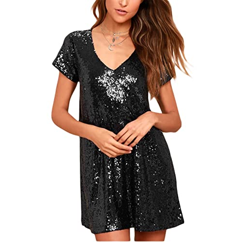 Achlibe Frauen Glitzer Pailletten Minikleid Sommer Casual Lose Kurzarm V-Ausschnitt Plus Size Disco Party Ausgehen Kleid, A-schwarz, L von Achlibe