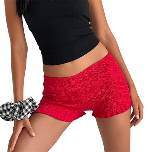 Achlibe Geraffte Damen-Shorts, Y2k, gesmokt, leger, elastischer Bund, niedliche gerüschte Mikro-Shorts, rot (a), S von Achlibe