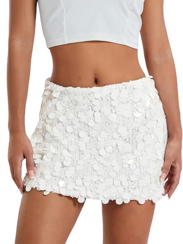Achlibe Glitzernder Pailletten-Minirock für Damen, sexy, figurbetont, Glitzer, Bleistiftrock, kurzer Rock, Rave, Party, Ausgehen, Club, A-beige, weiß, S von Achlibe