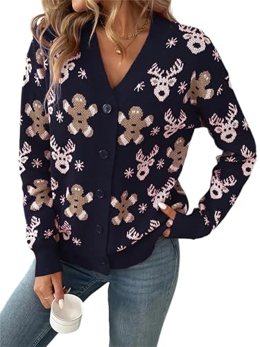 Achlibe Hässlicher Weihnachtspullover für Damen, Strickjacke, Zuckerstange, Lebkuchenmann-Druck, Y2k Knopf-Grafik-Pullover, B-Blau, M von Achlibe