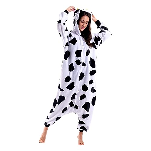 Achlibe Halloween Damen Herren Tier Kostüm Jumpsuit Langarm Plüsch Pyjama Button Down Strampler Cosplay Outfit Strampler, kuh, 38 von Achlibe