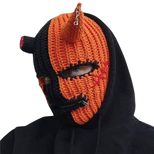 Achlibe Halloween Strick Sturmhaube Hut Erwachsene Kreative Teufel Kuh Hörner Winter Warm Full Face Skimaske Beanie Cap Facewear, A-Broken Corner Schwarz Orange, Einheitsgröße von Achlibe