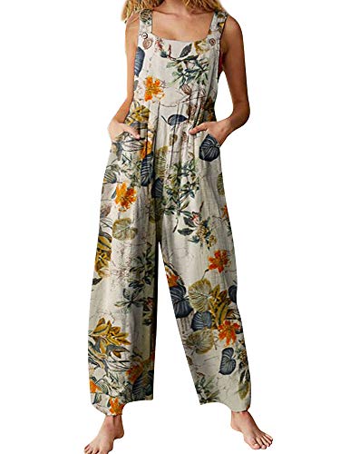 Achlibe Lässiger Sommer-Jumpsuit für Damen, ärmellos, Boho-Stil, Blumenmuster, langer Jumpsuit Gr. Medium, gelb von Achlibe