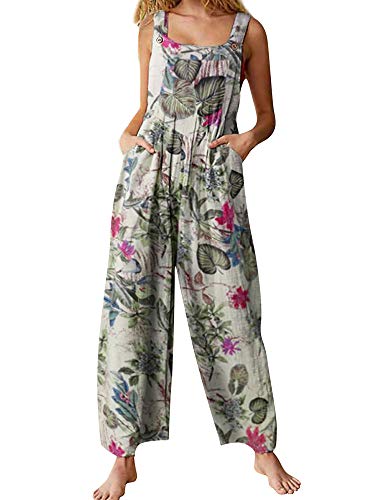 Achlibe Lässiger Sommer-Jumpsuit für Damen, ärmellos, Boho-Stil, Blumenmuster, langer Jumpsuit Gr. X-Large, beige von Achlibe